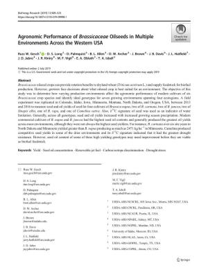 Agronomic Performance of Brassicaceae Oilseeds in Multiple Environments Across the Western USA