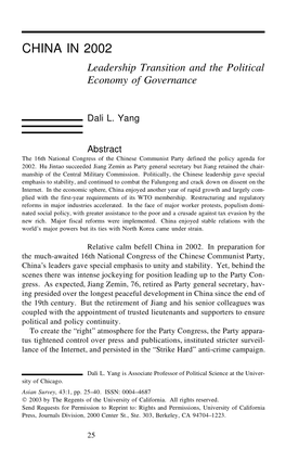 China in 2002: Leadership Transition and the Political Economy Of