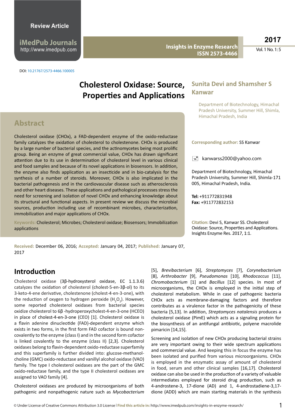 Cholesterol Oxidase: Source, Properties and Applications