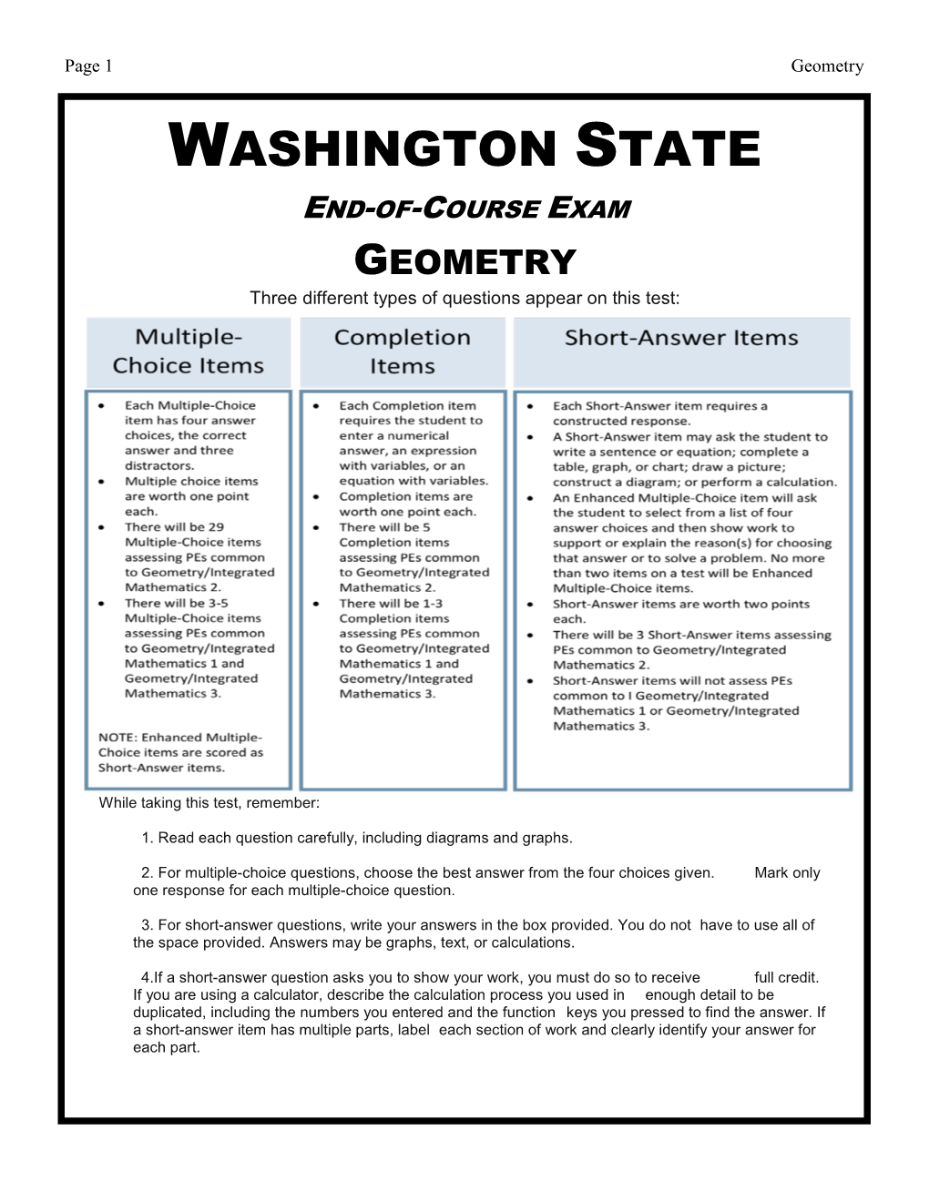 WASHINGTON STATE END-OF-COURSE EXAM GEOMETRY Three Different Types of Questions Appear on This Test