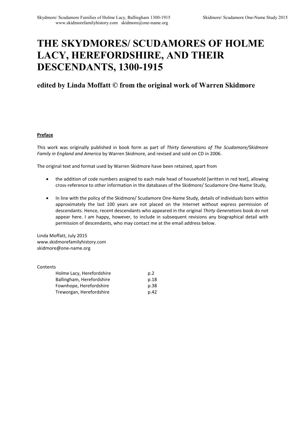 SCUDAMORES of HOLME LACY, HEREFORDSHIRE, and THEIR DESCENDANTS, 1300-1915 Edited by Linda Moffatt © from the Original Work of Warren Skidmore