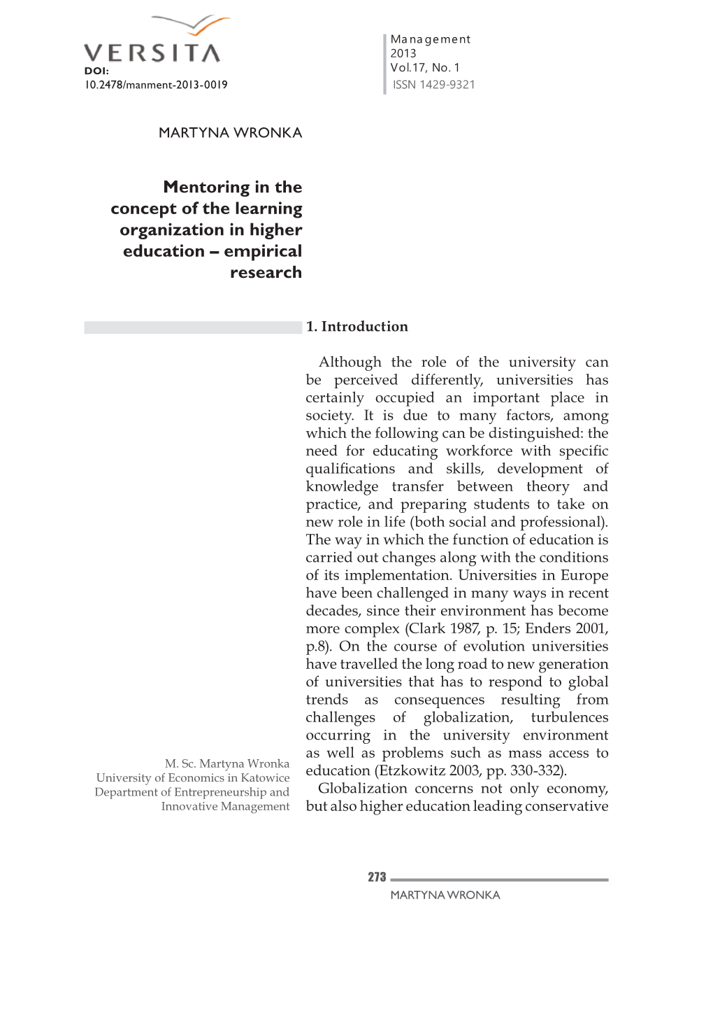 Mentoring in the Concept of the Learning Organization in Higher Education – Empirical Research