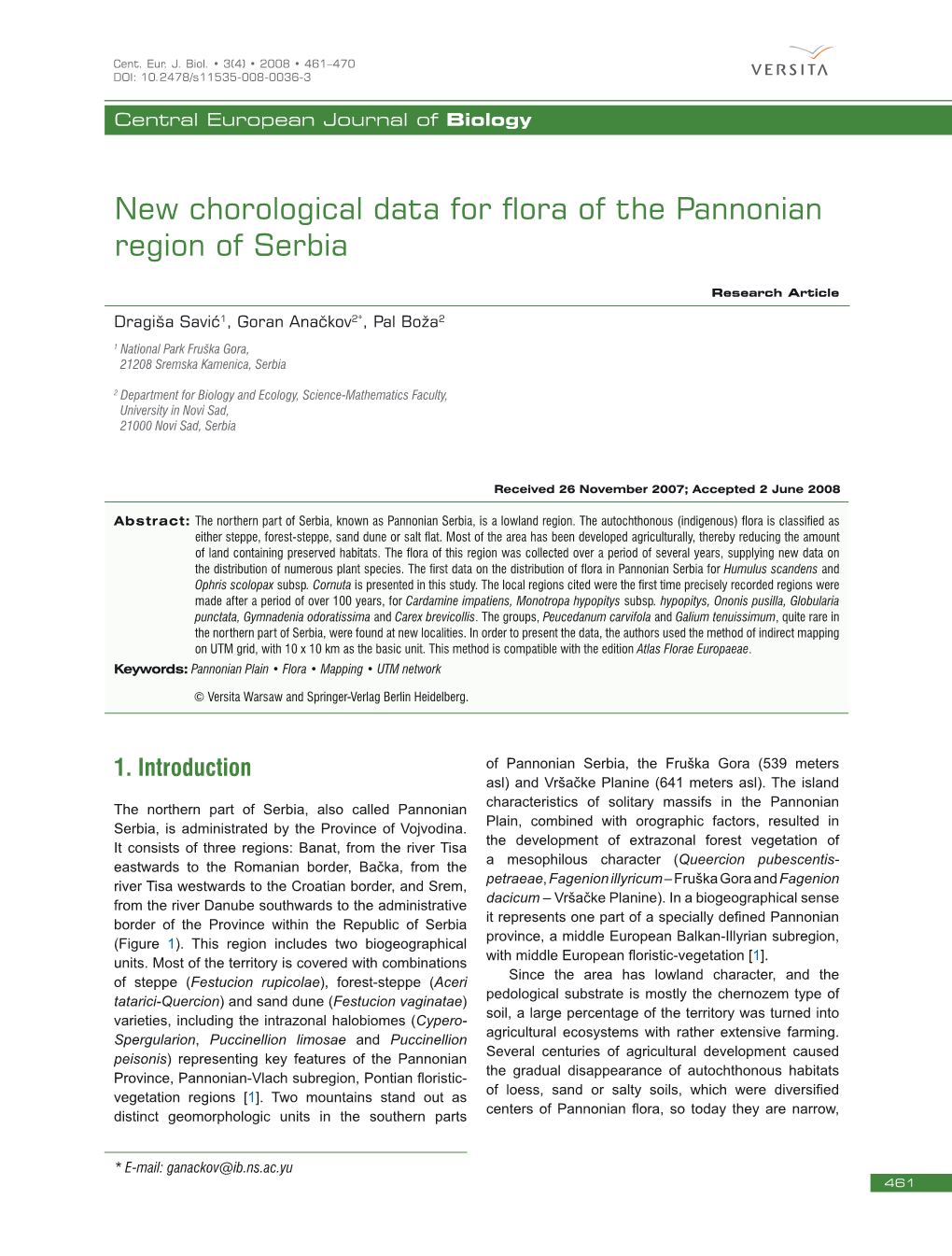 New Chorological Data for Flora of the Pannonian Region of Serbia