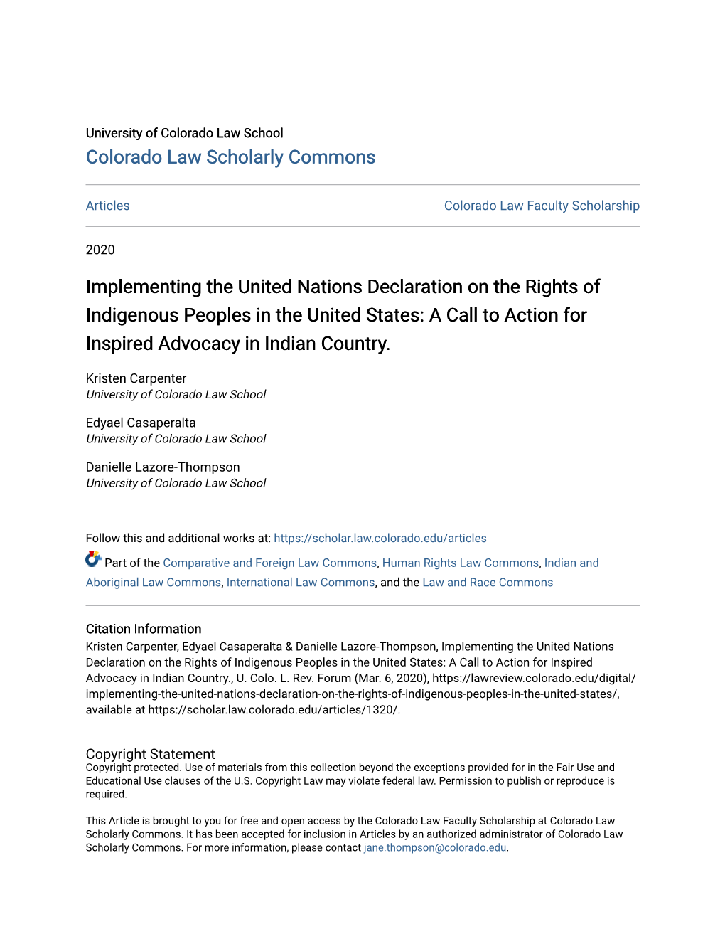 Implementing the United Nations Declaration on the Rights of Indigenous Peoples in the United States: a Call to Action for Inspired Advocacy in Indian Country