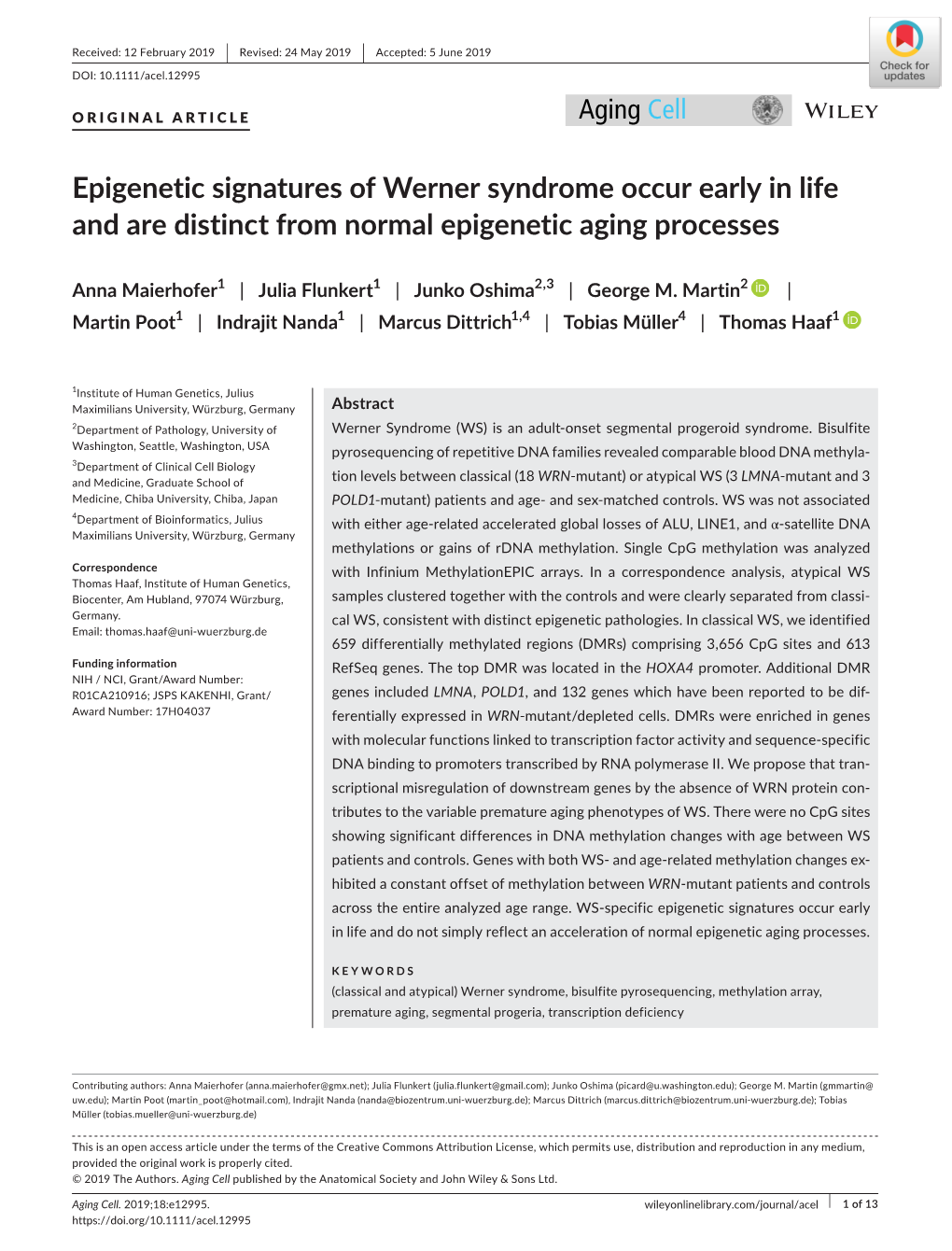 Epigenetic Signatures of Werner Syndrome Occur Early in Life and Are Distinct from Normal Epigenetic Aging Processes