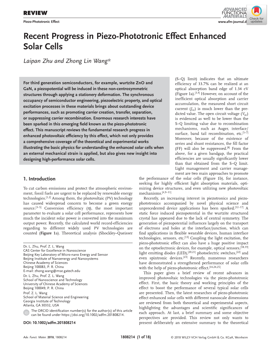 Recent Progress in Piezo‐Phototronic Effect Enhanced Solar Cells