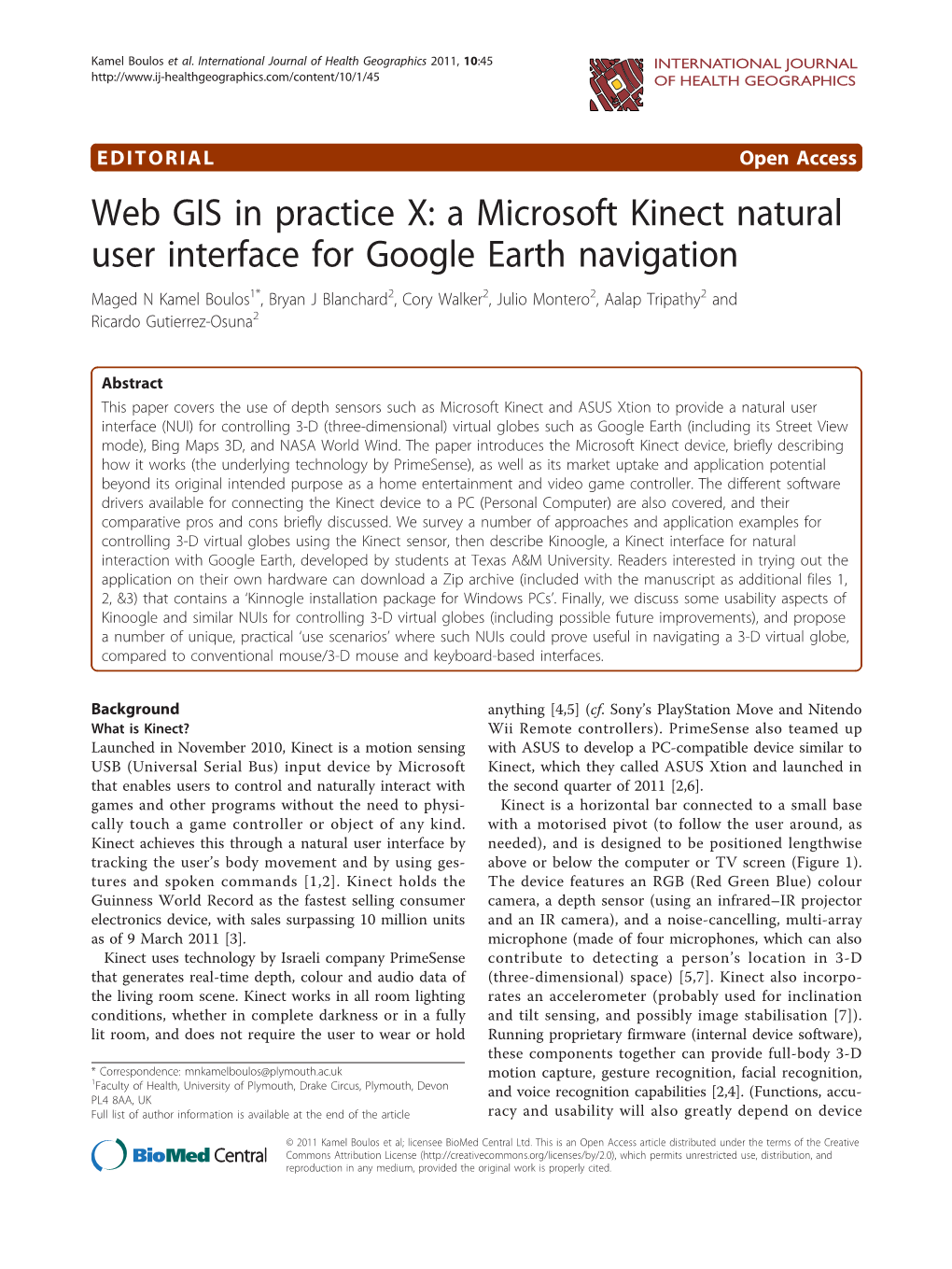 Web GIS in Practice X: a Microsoft Kinect Natural User Interface for Google Earth Navigation
