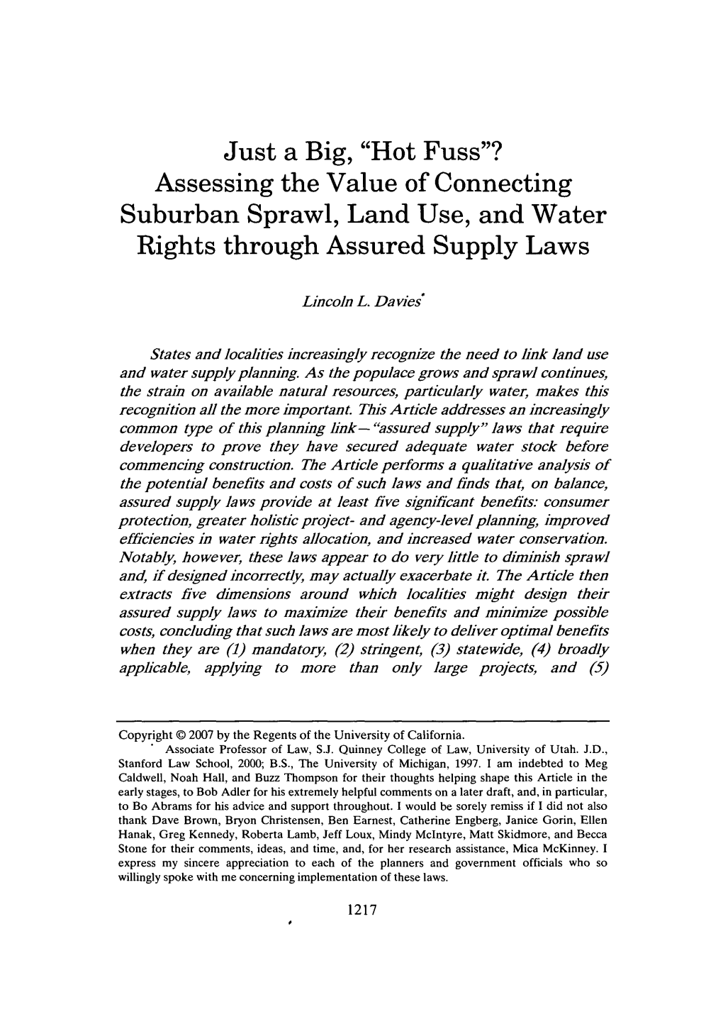 Assessing the Value of Connecting Suburban Sprawl, Land Use, and Water Rights Through Assured Supply Laws