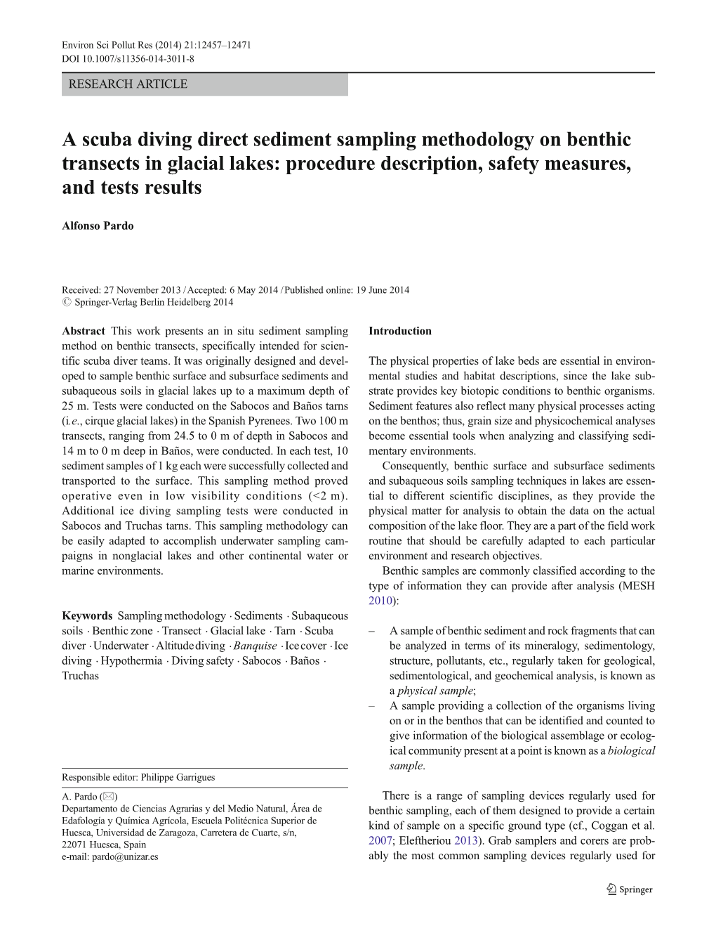 A Scuba Diving Direct Sediment Sampling Methodology on Benthic Transects in Glacial Lakes: Procedure Description, Safety Measures, and Tests Results