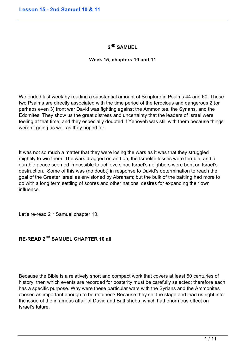 Lesson 15 - 2Nd Samuel 10 & 11