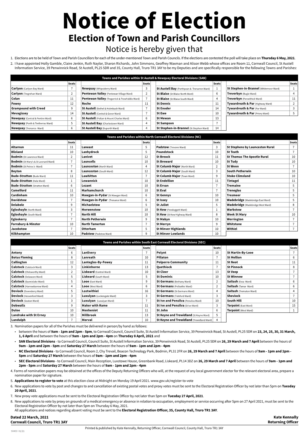 Notice of Election Election of Town and Parish Councillors Notice Is Hereby Given That 1