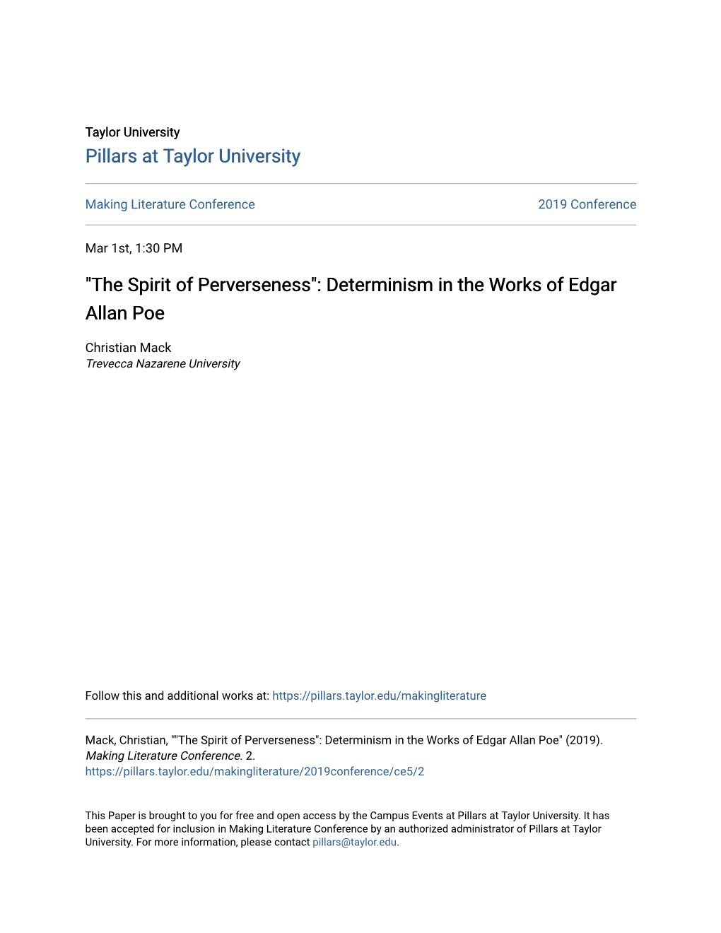 "The Spirit of Perverseness": Determinism in the Works of Edgar Allan Poe