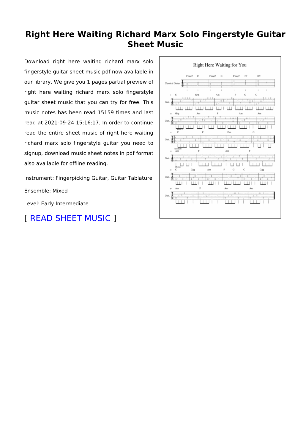 Right Here Waiting Richard Marx Solo Fingerstyle Guitar Sheet Music