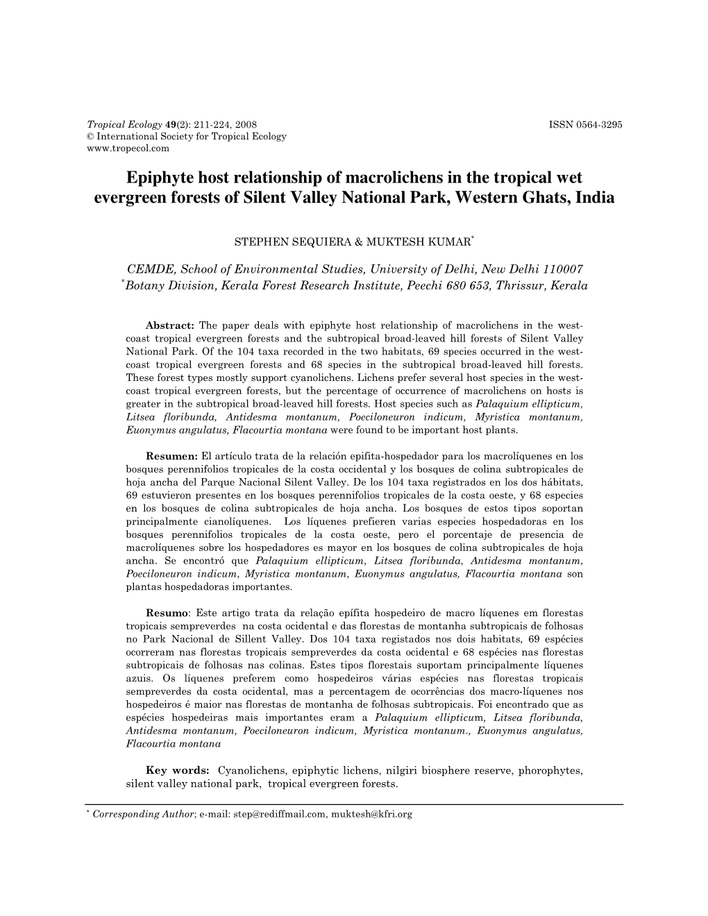 Epiphyte Host Relationship of Macrolichens in the Tropical Wet Evergreen Forests of Silent Valley National Park, Western Ghats, India