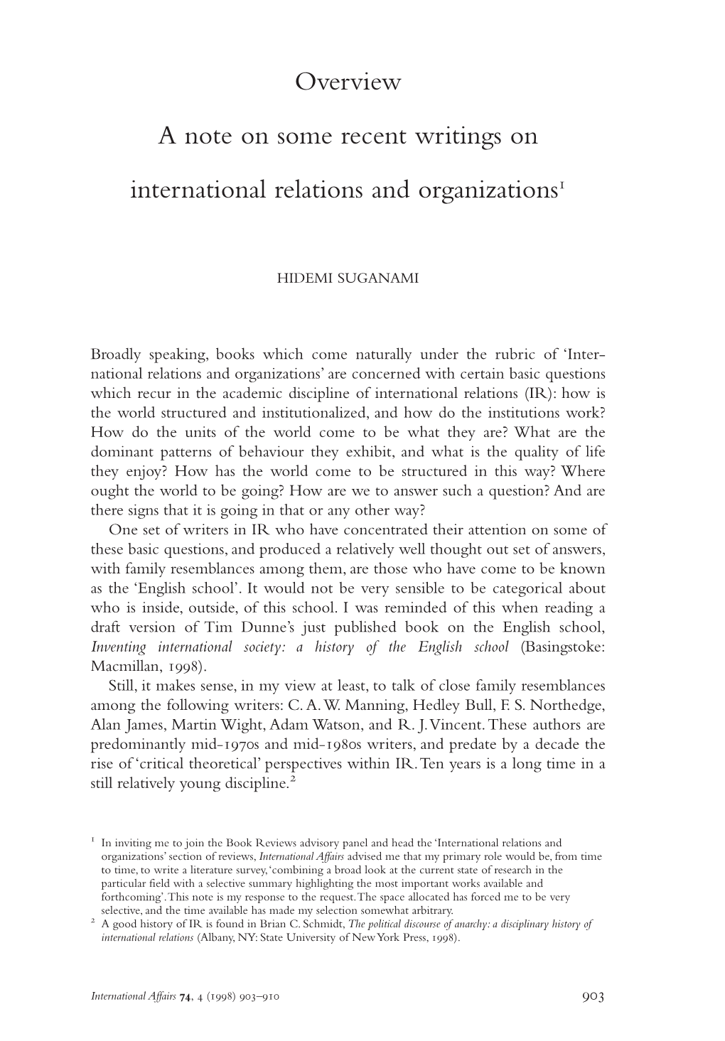 Overview a Note on Some Recent Writings on International Relations and Organizations