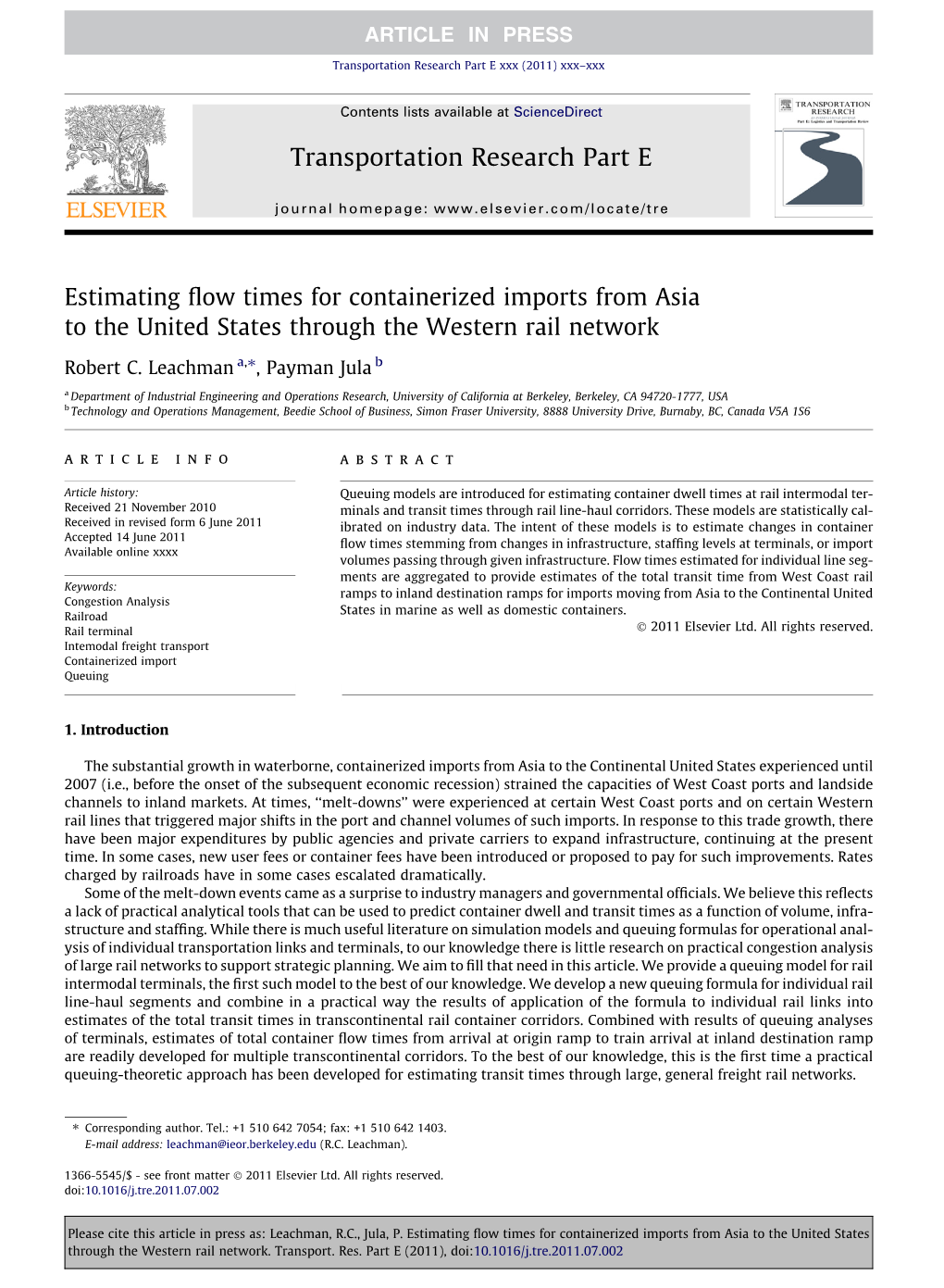 Estimating Flow Times for Containerized Imports from Asia to the United