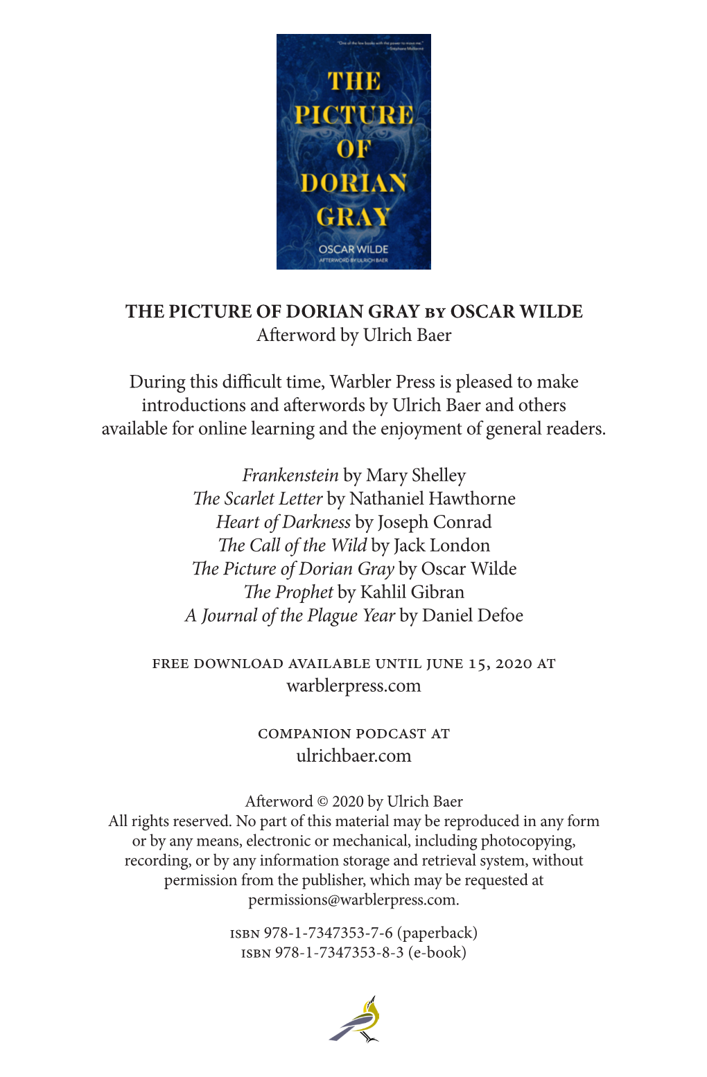 THE PICTURE of DORIAN GRAY by OSCAR WILDE Afterword by Ulrich Baer