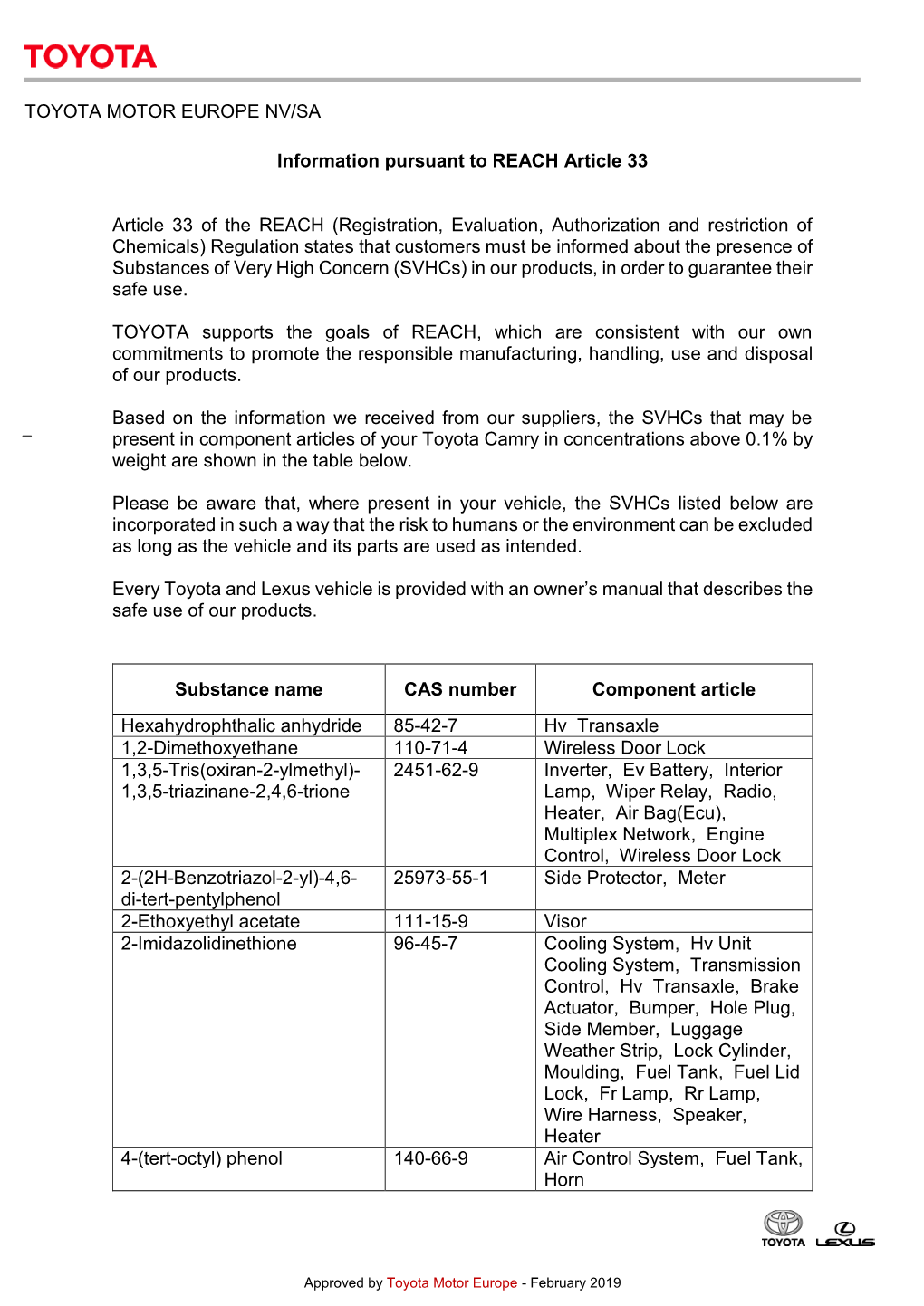 TOYOTA MOTOR EUROPE NV/SA Information Pursuant to REACH