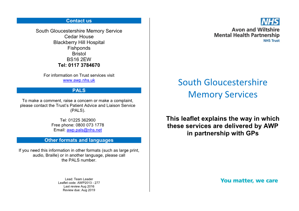 South Gloucestershire Memory Services Leaflet