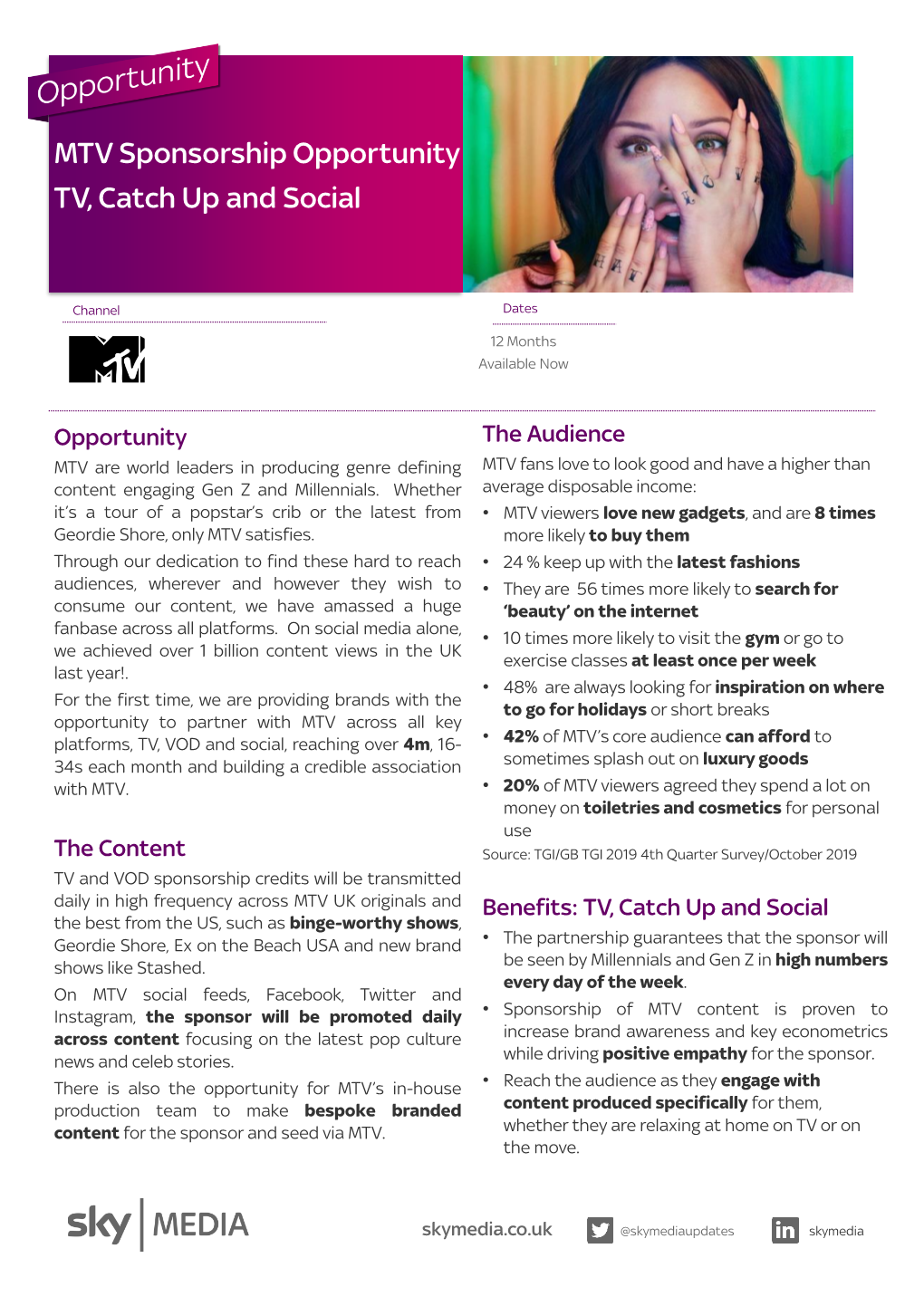 MTV Sponsorship Opportunity TV, Catch up and Social