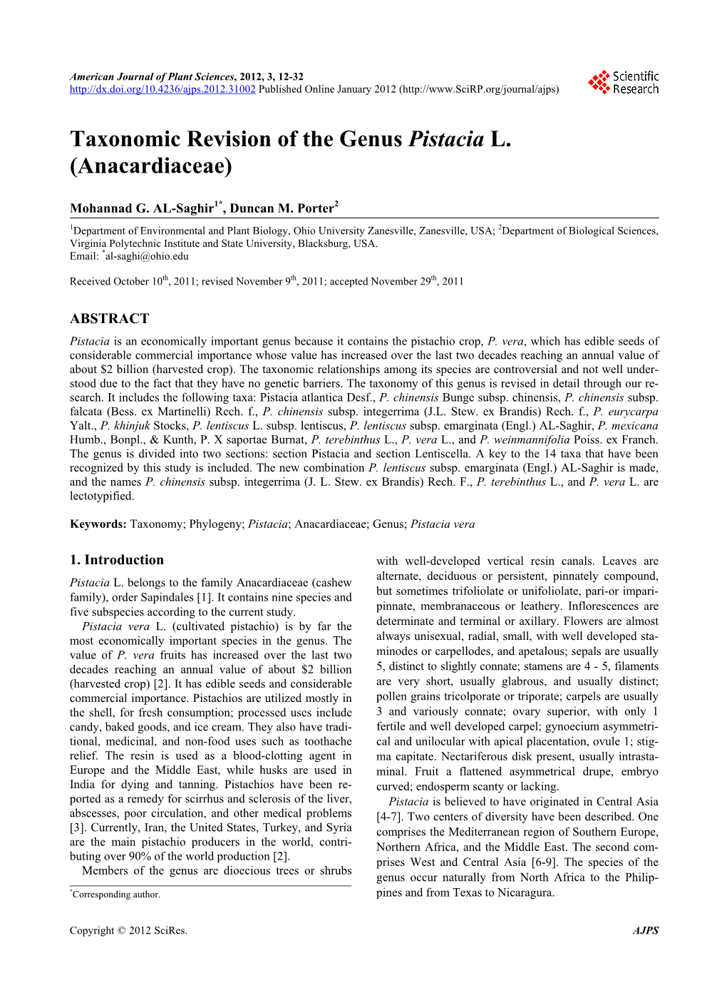 Taxonomic Revision of the Genus Pistacia L. (Anacardiaceae)