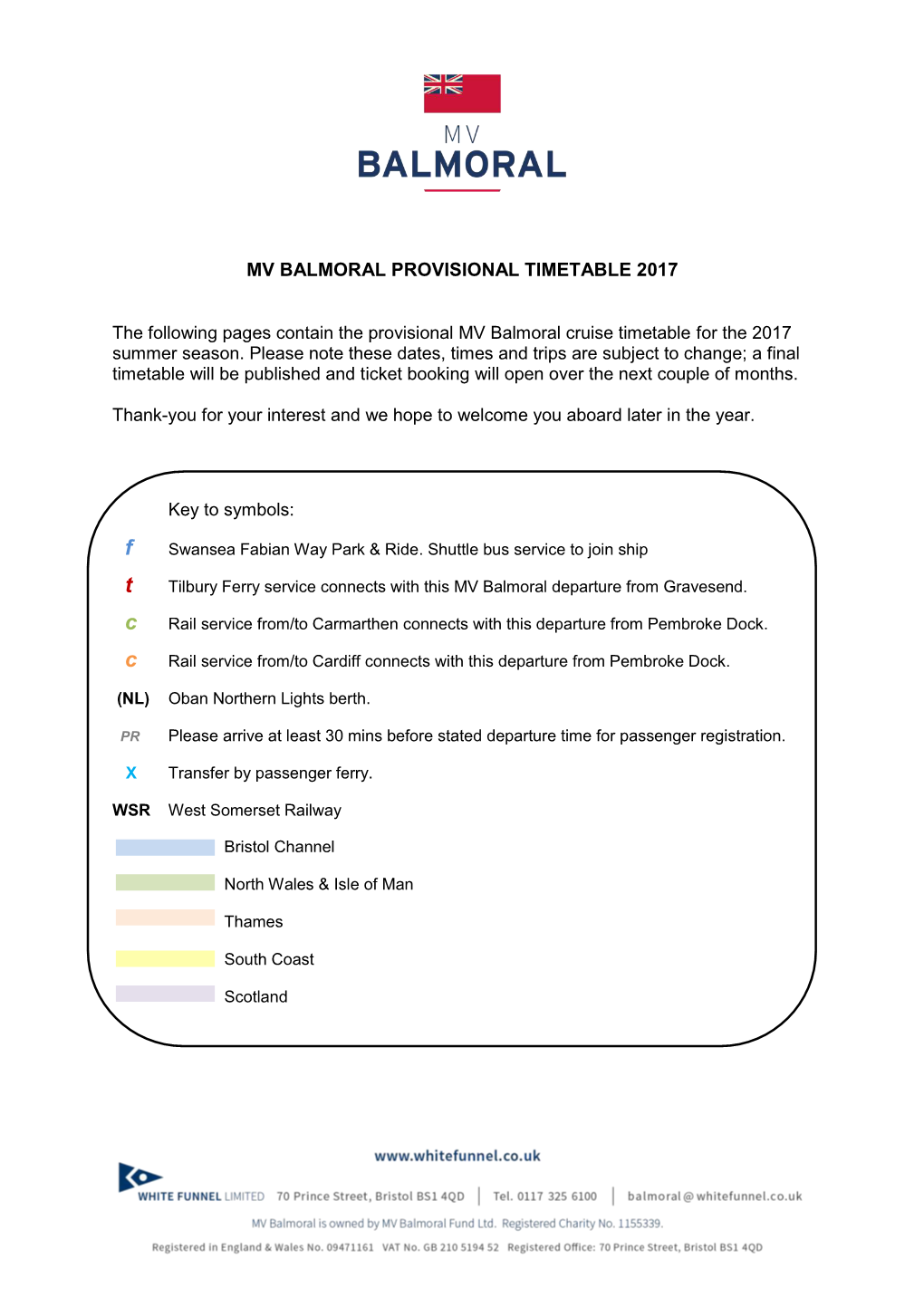Mv Balmoral Provisional Timetable 2017