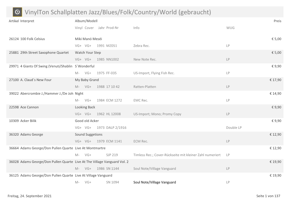 Vinylton Schallplatten Jazz/Blues/Folk/Country/World (Gebraucht) Artikel Interpret Album/Modell Preis Vinyl Cover Jahr Prod-Nr Info WUG
