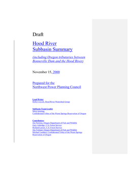 Draft Hood River Subbasin Summary (Including Oregon Tributaries Between Bonneville Dam and the Hood River)
