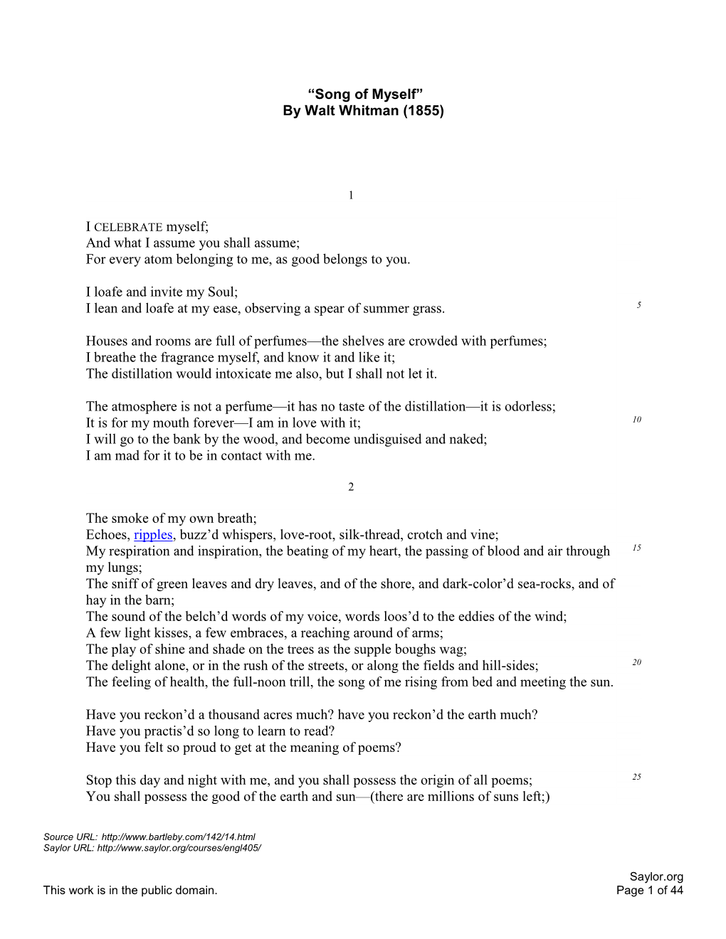 “Song of Myself” by Walt Whitman (1855) and What I Assume You Shall
