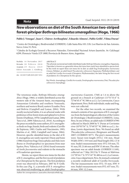 New Observations on Diet of the South American Two-Striped Forest-Pitviper Bothrops Bilineatus Smaragdinus (Hoge, 1966)
