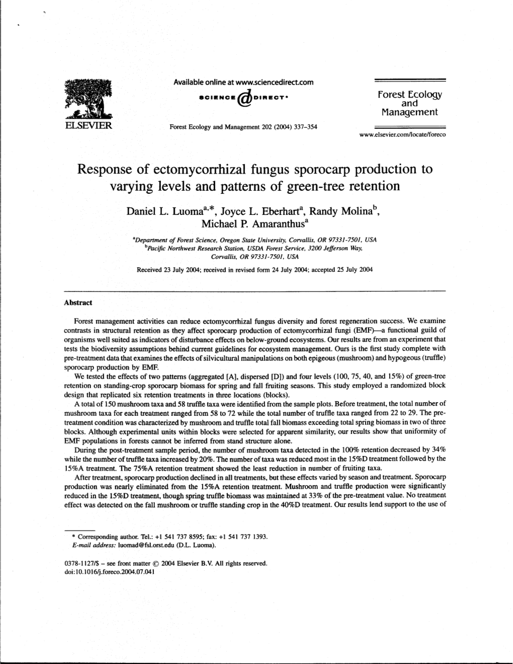 Response of Ectomycorrhizal Fungus Sporocarp Production to Ing Levels and Patterns of Green-Tree Retention