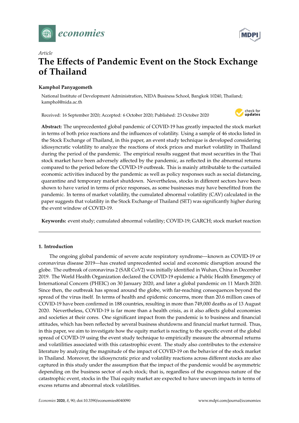 The Effects of Pandemic Event on the Stock Exchange of Thailand