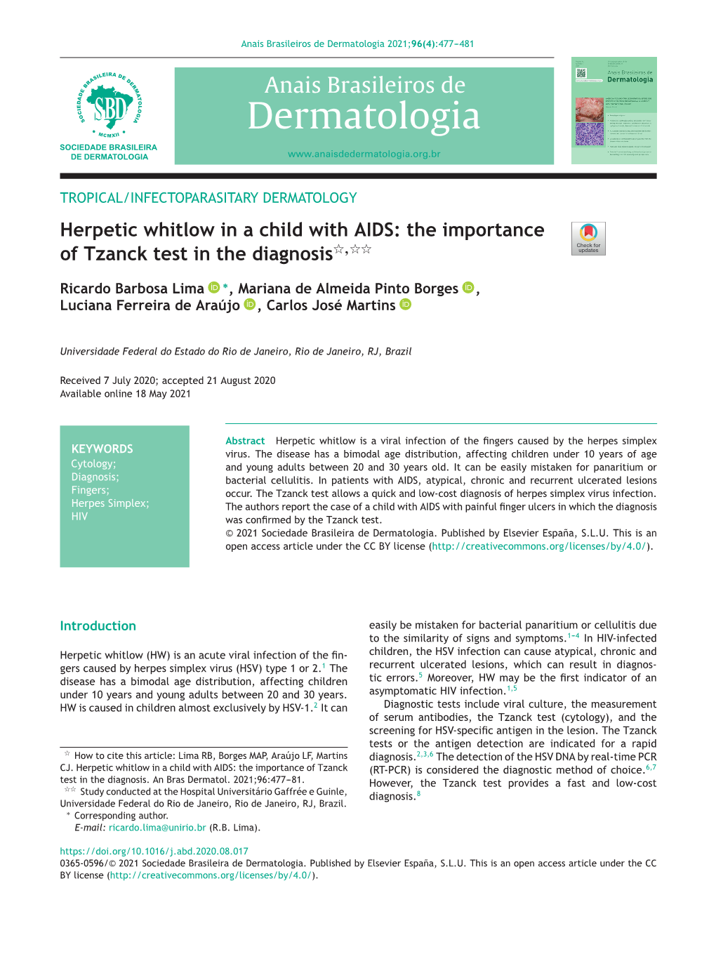 Herpetic Whitlow in a Child with AIDS: the Importance of Tzanck Test in the Diagnosis