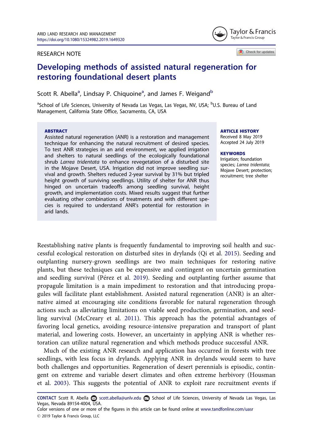 Developing Methods of Assisted Natural Regeneration for Restoring Foundational Desert Plants