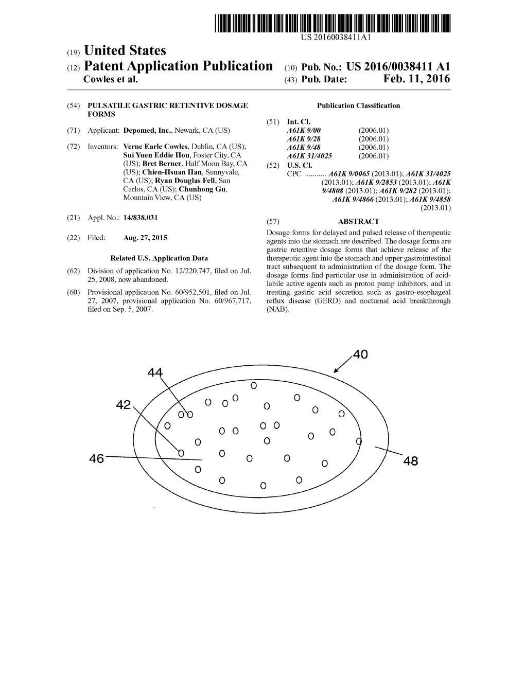 (12) Patent Application Publication (10) Pub. No.: US 2016/00384.11 A1 Cowles Et Al