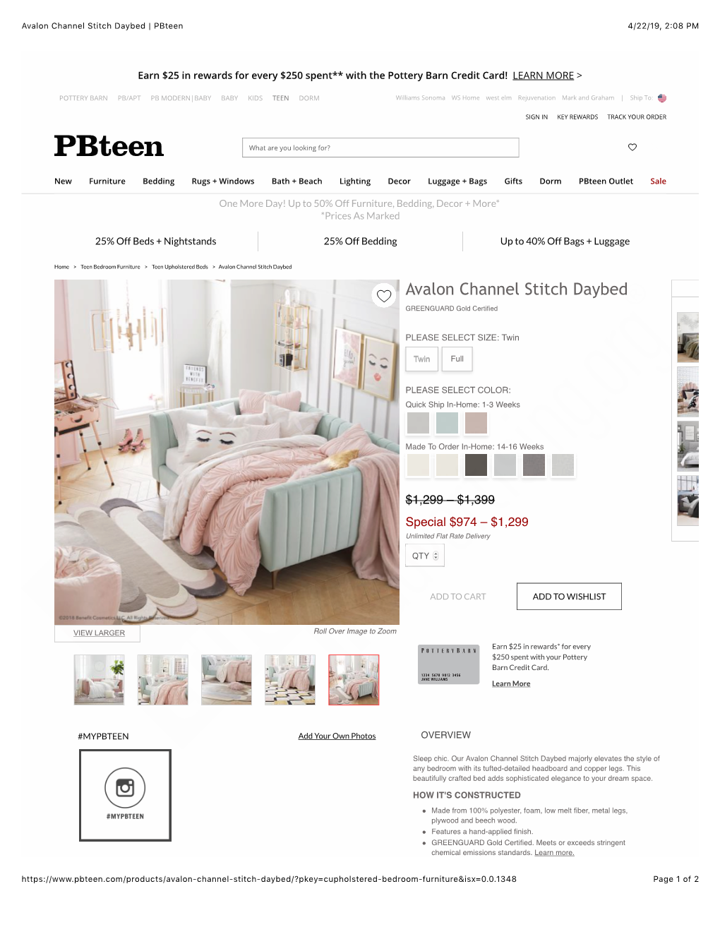Avalon Channel Stitch Daybed | Pbteen 4/22/19, 2�08 PM