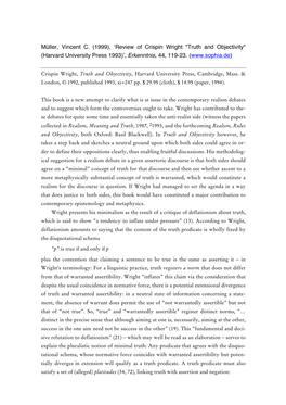 Review of Crispin Wright "Truth and Objectivity" (Harvard University Press 1993)’, Erkenntnis, 44, 119-23
