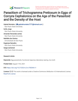 Parasitism of Trichogramma Pretiosum in Eggs of Corcyra Cephalonica on the Age of the Parasitoid and the Density of the Host