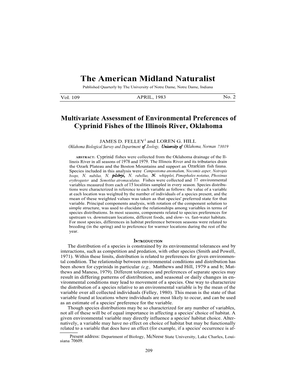 The American Midland Naturalist Published Quarterly by the University of Notre Dame, Notre Dame, Indiana