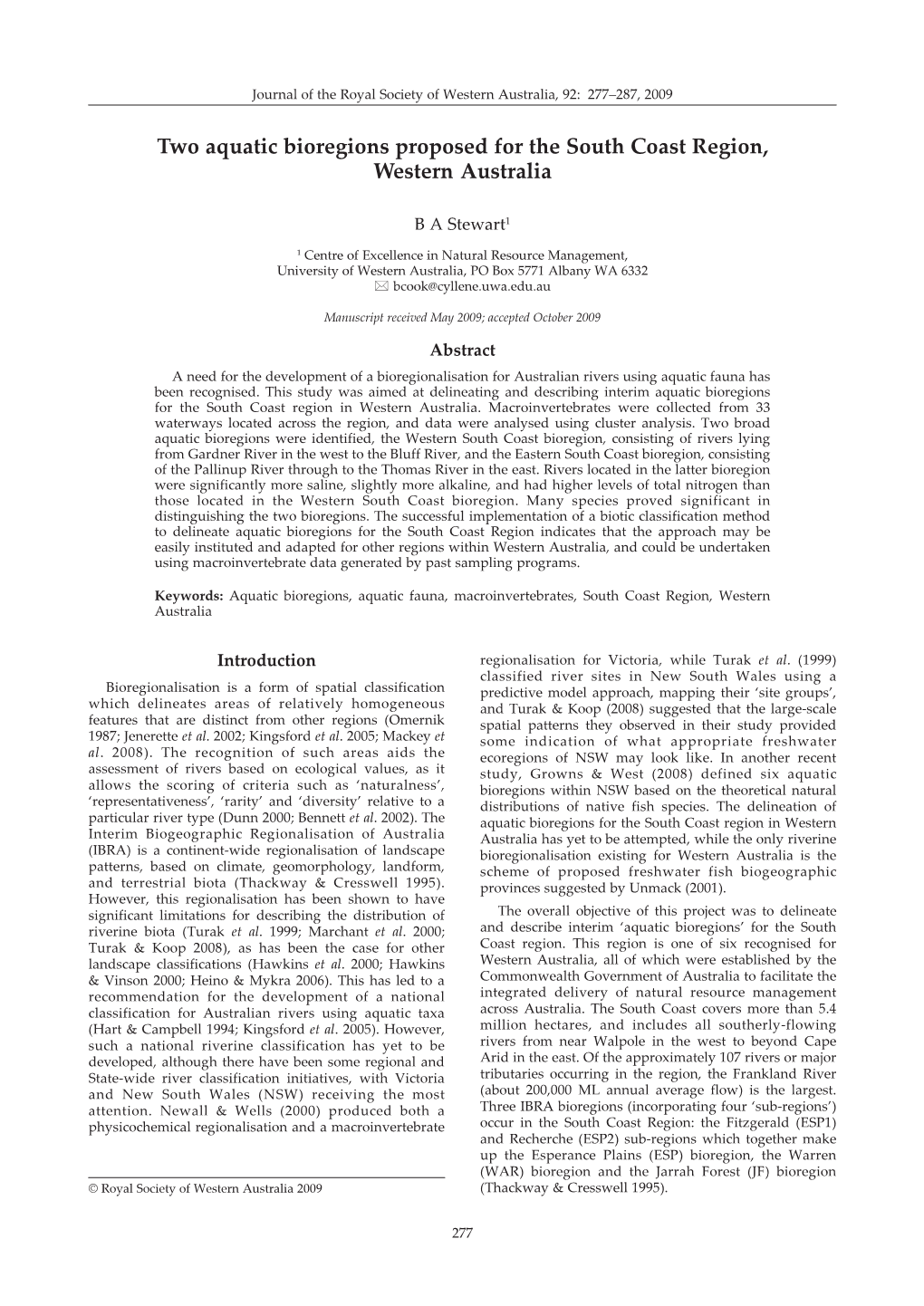 Two Aquatic Bioregions Proposed for the South Coast Region, Western Australia