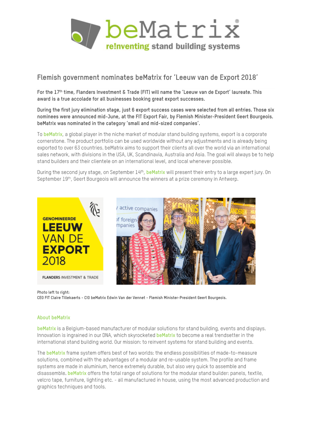 Flemish Government Nominates Bematrix for 'Leeuw Van De Export