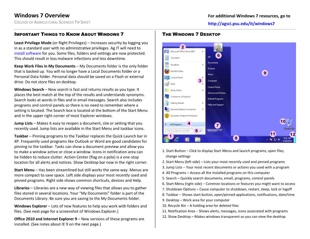 Windows 7 Overview for Additional Windows 7 Resources, Go to COLLEGE of AGRICULTURAL SCIENCES TIP SHEET