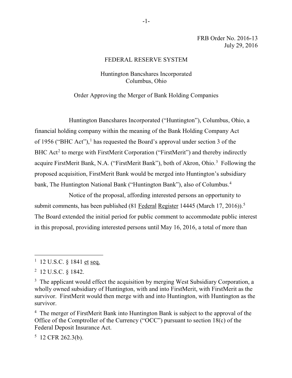 Order Approving the Merger of Bank Holding Companies -- Huntington