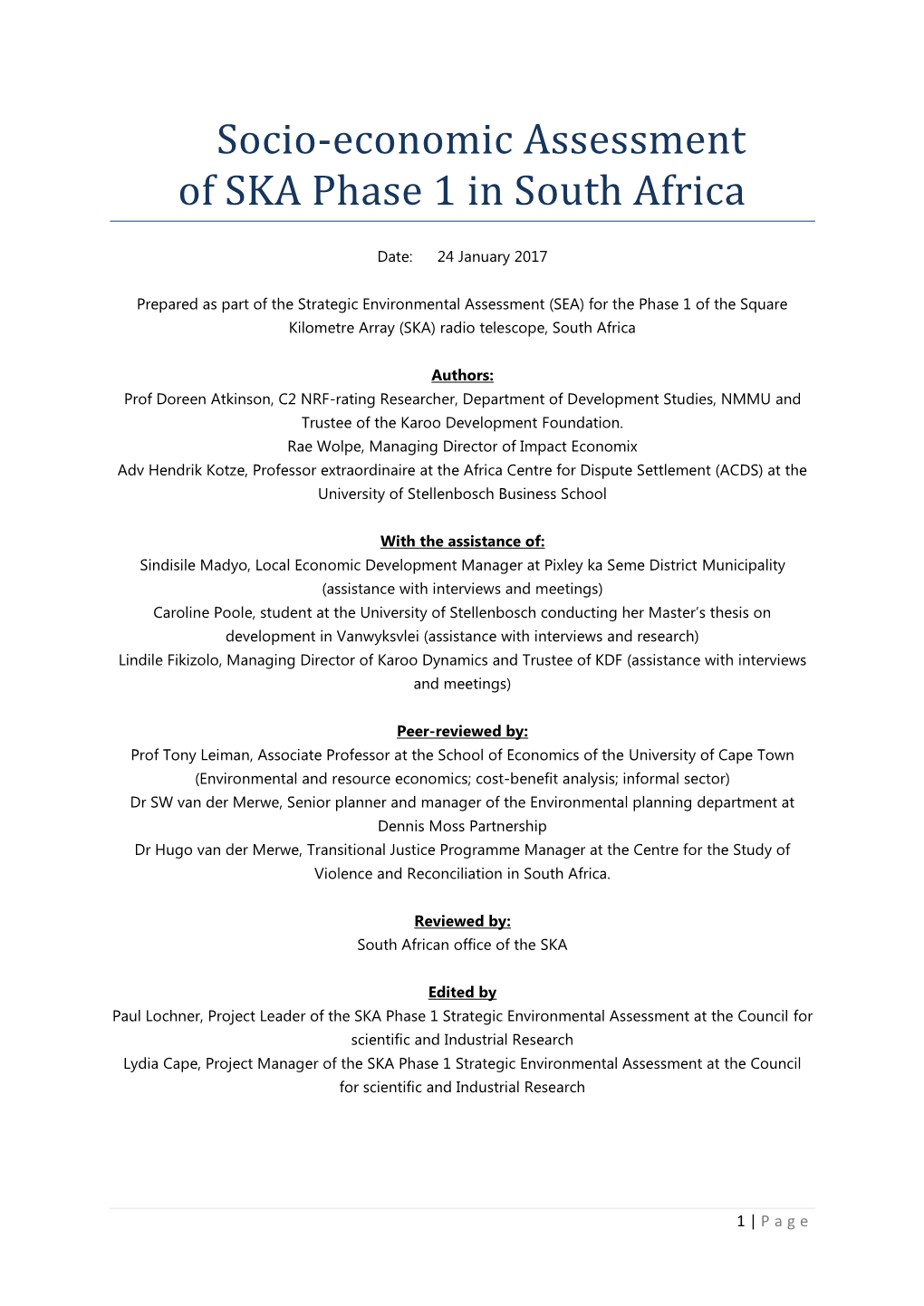 Socio-Economic Assessment of SKA Phase 1 in South Africa