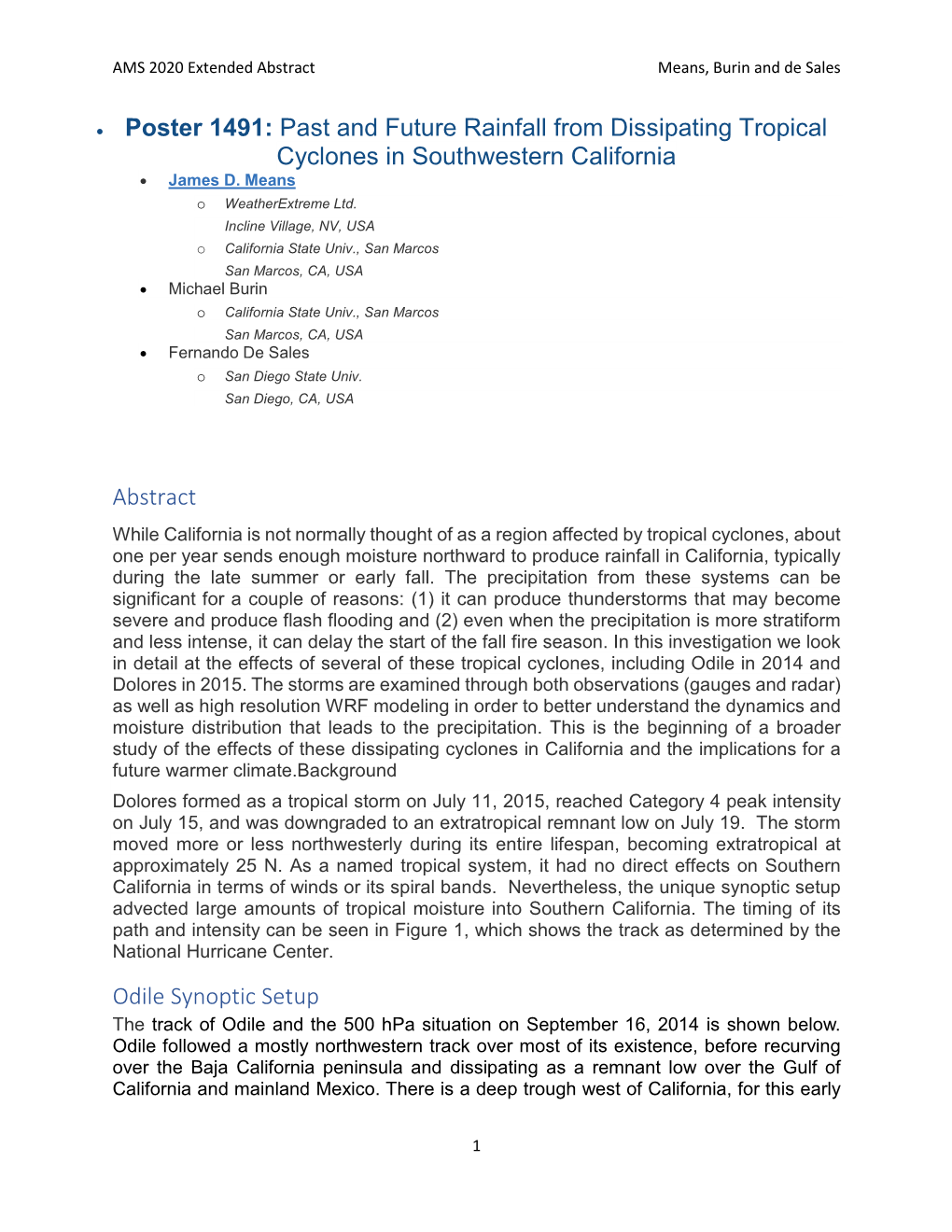 Past and Future Rainfall from Dissipating Tropical Cyclones in Southwestern California Abstract Odile Synoptic