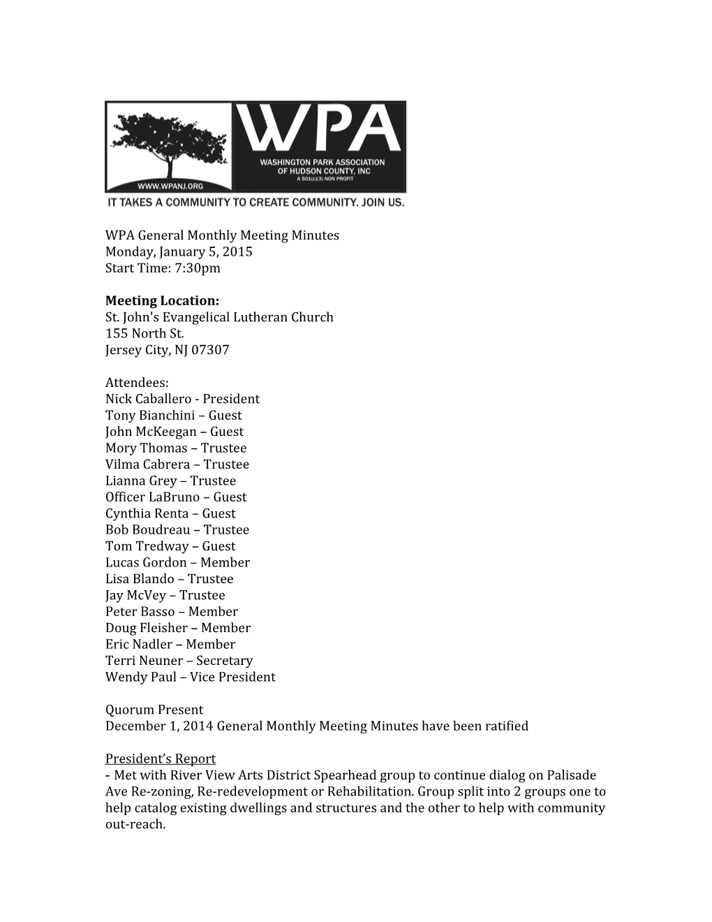 WPA General Monthly Meeting Minutes