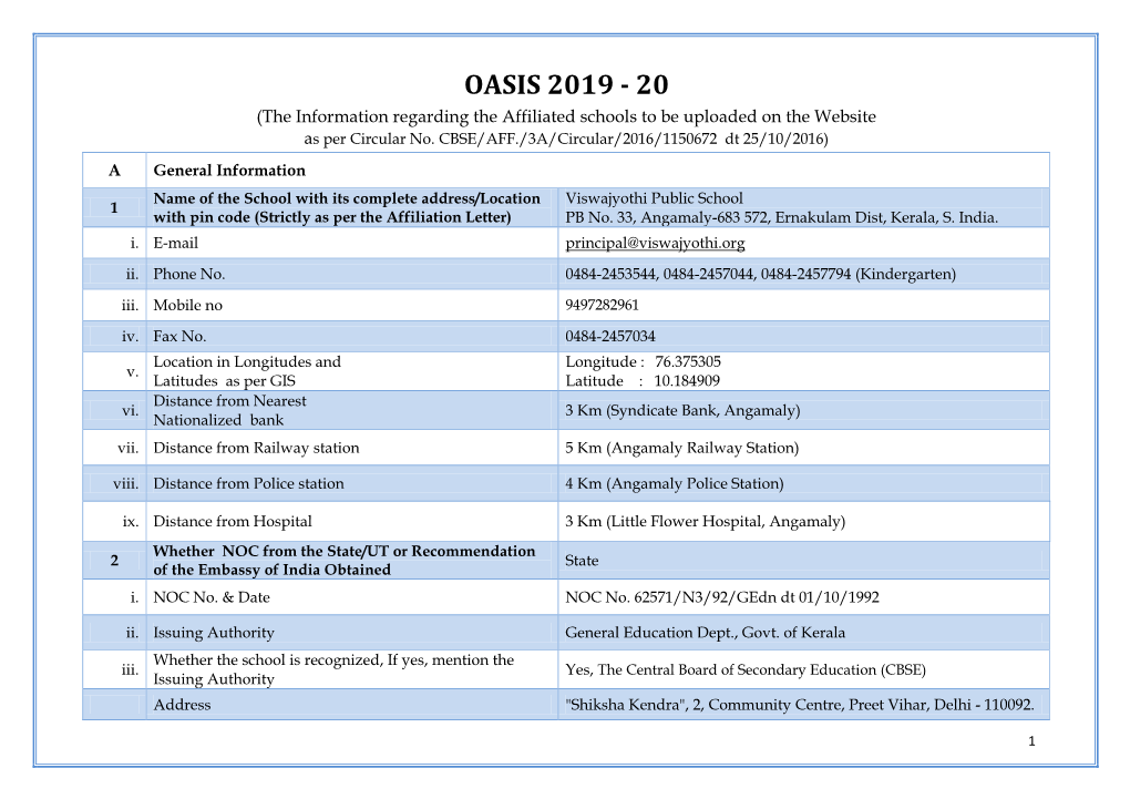 OASIS 2019 - 20 (The Information Regarding the Affiliated Schools to Be Uploaded on the Website As Per Circular No