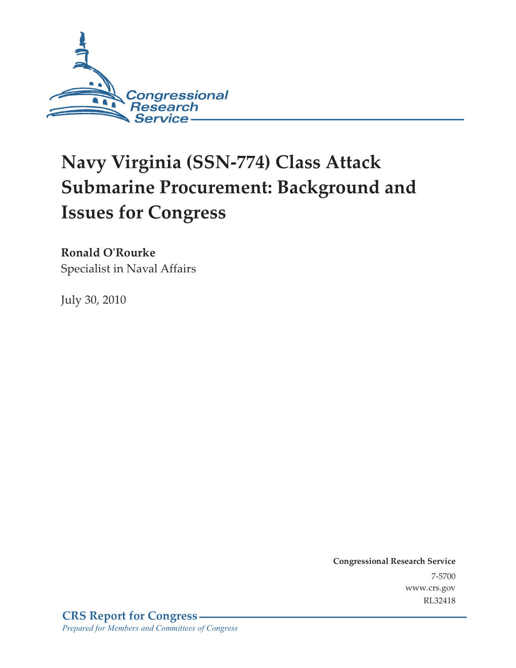 Navy Virginia (SSN-774) Class Attack Submarine Procurement: Background and Issues for Congress