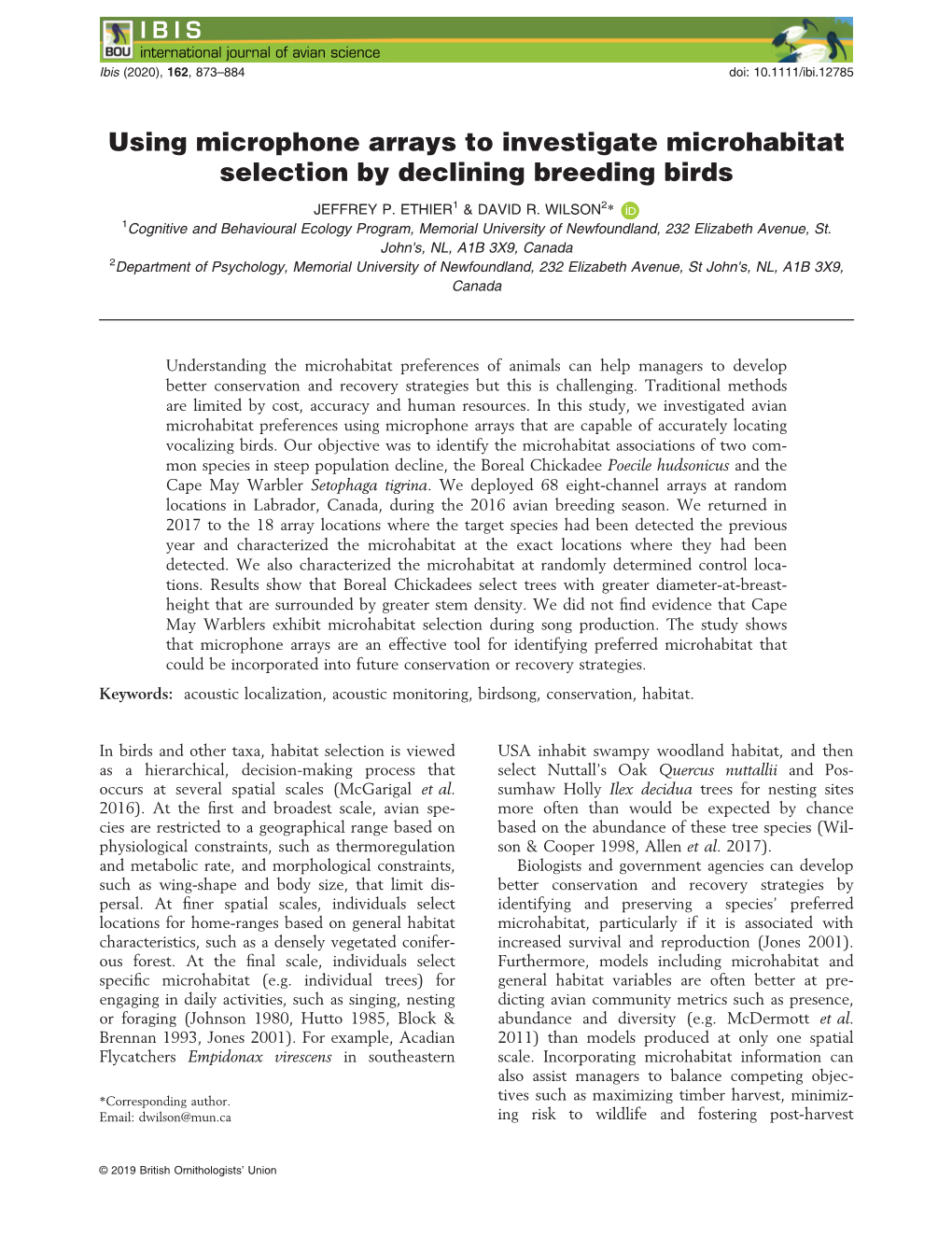 Using Microphone Arrays to Investigate Microhabitat Selection by Declining Breeding Birds