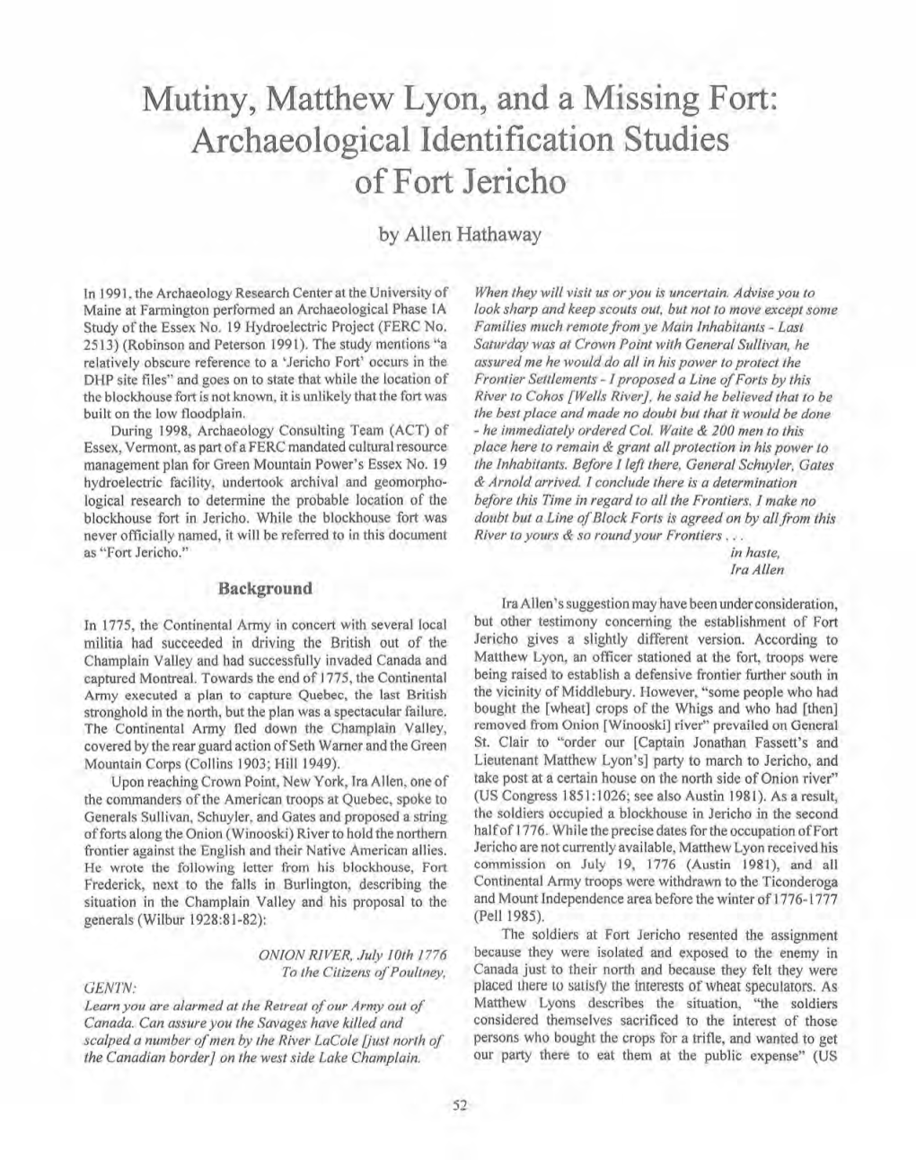 Mutiny, Matthew Lyon, and a Missing Fort: Archaeological Identification Studies of Fort Jericho